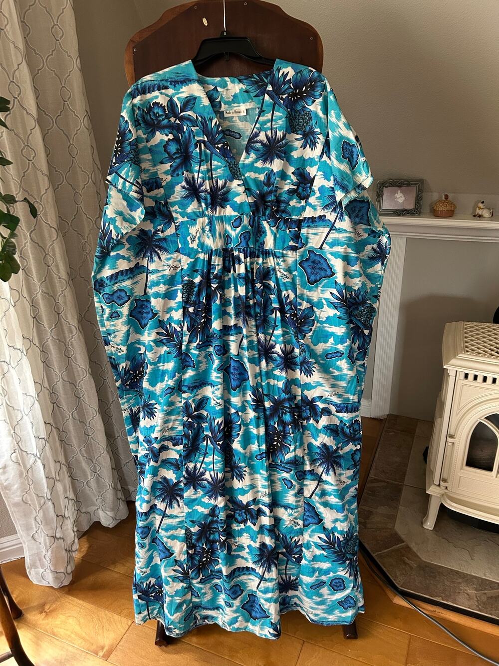 Vintage 1970s Blue Hawaiian Tropical Beach Maxi Kaftan Mumuu Kimono One Size